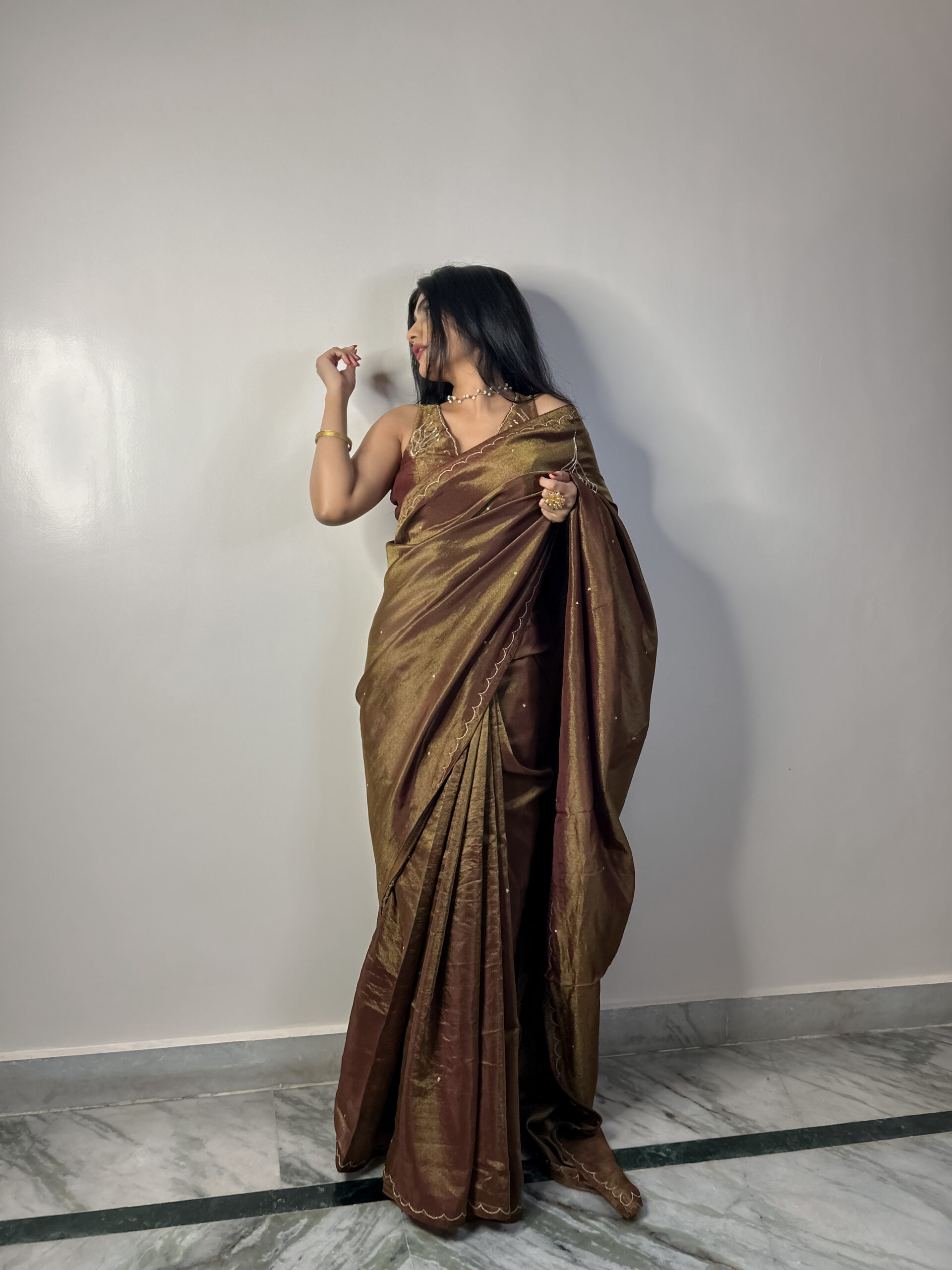 coffee brown tissue saree - Image 3