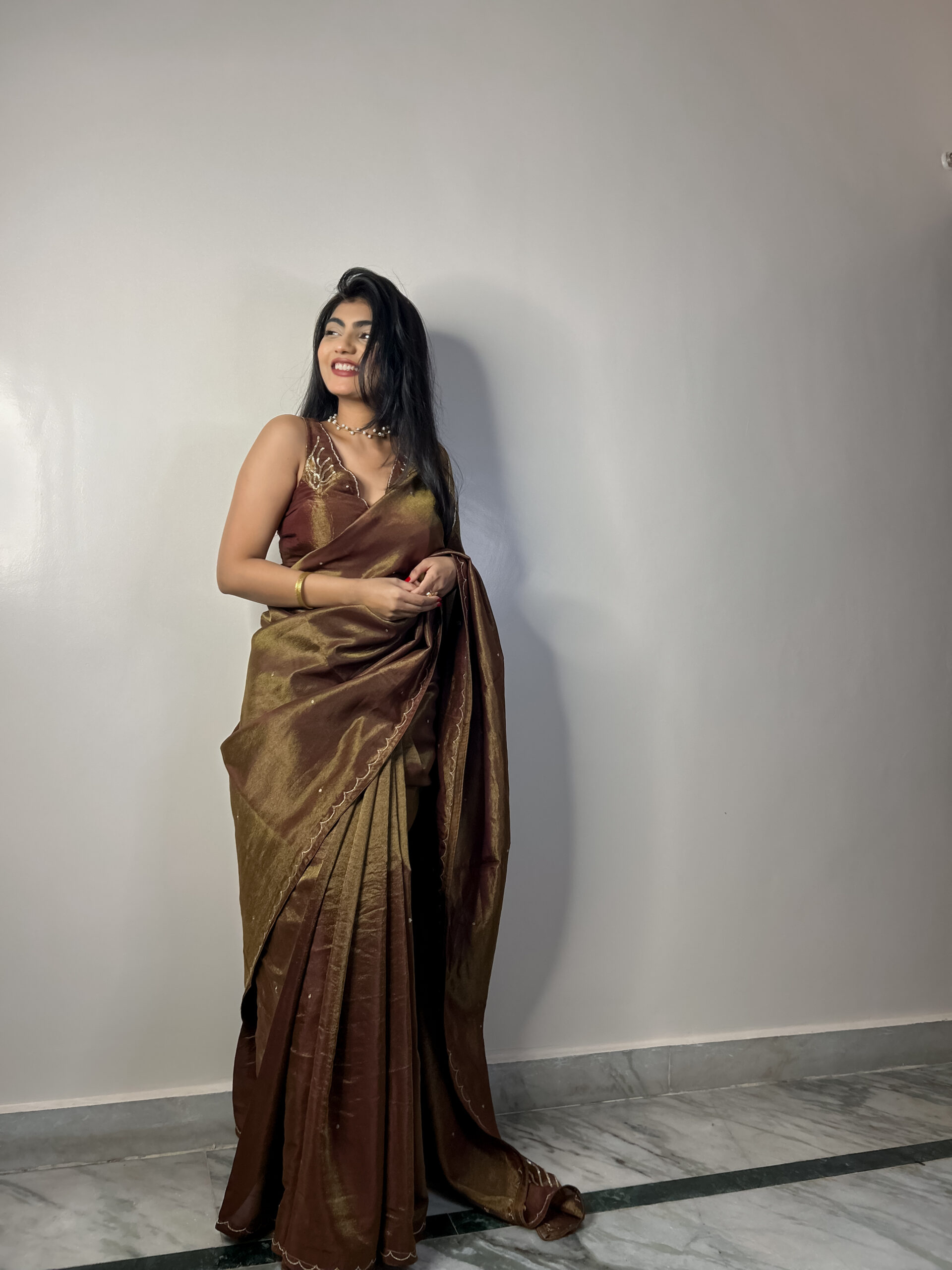 coffee brown tissue saree - Image 2