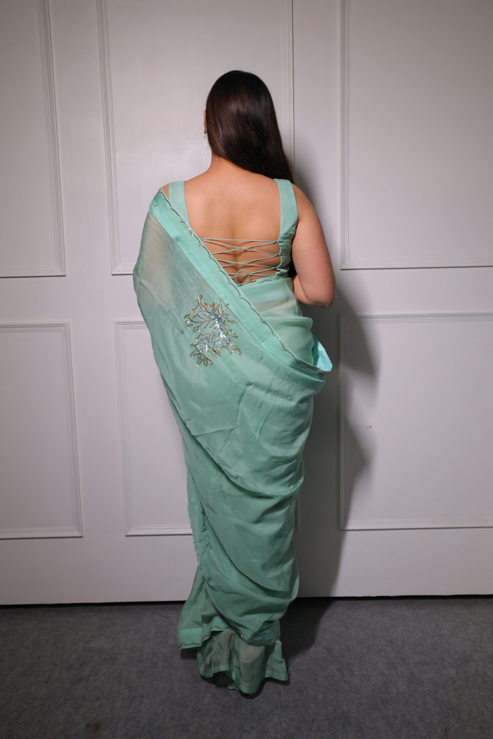 Mint Green Organza Saree - Image 3