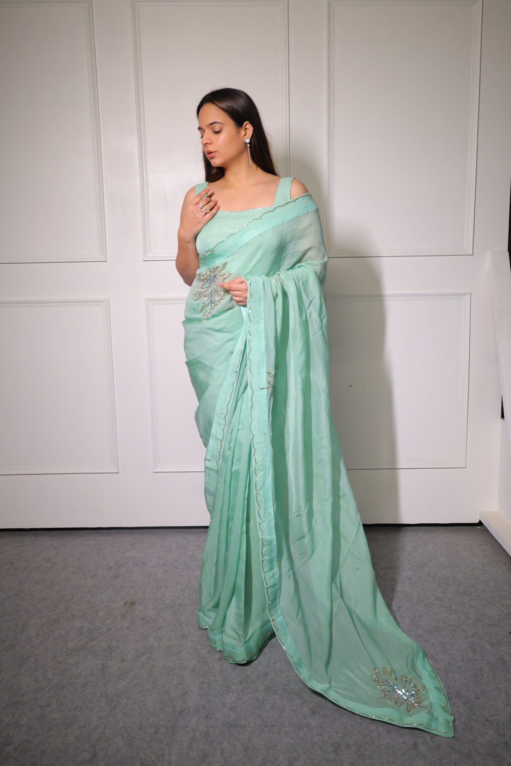 Mint Green Organza Saree - Image 4