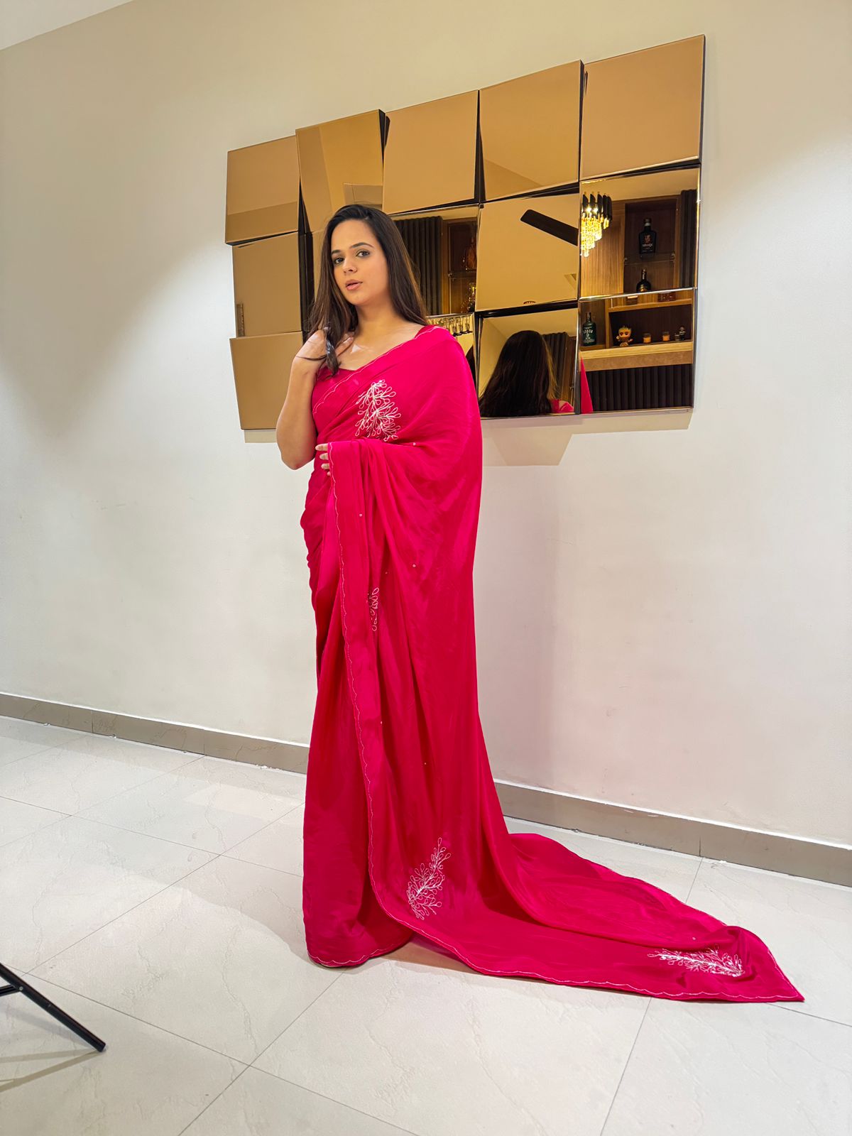 Hot Pink Crepe Saree - Image 3