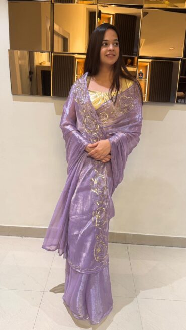 lavender silver organza saree