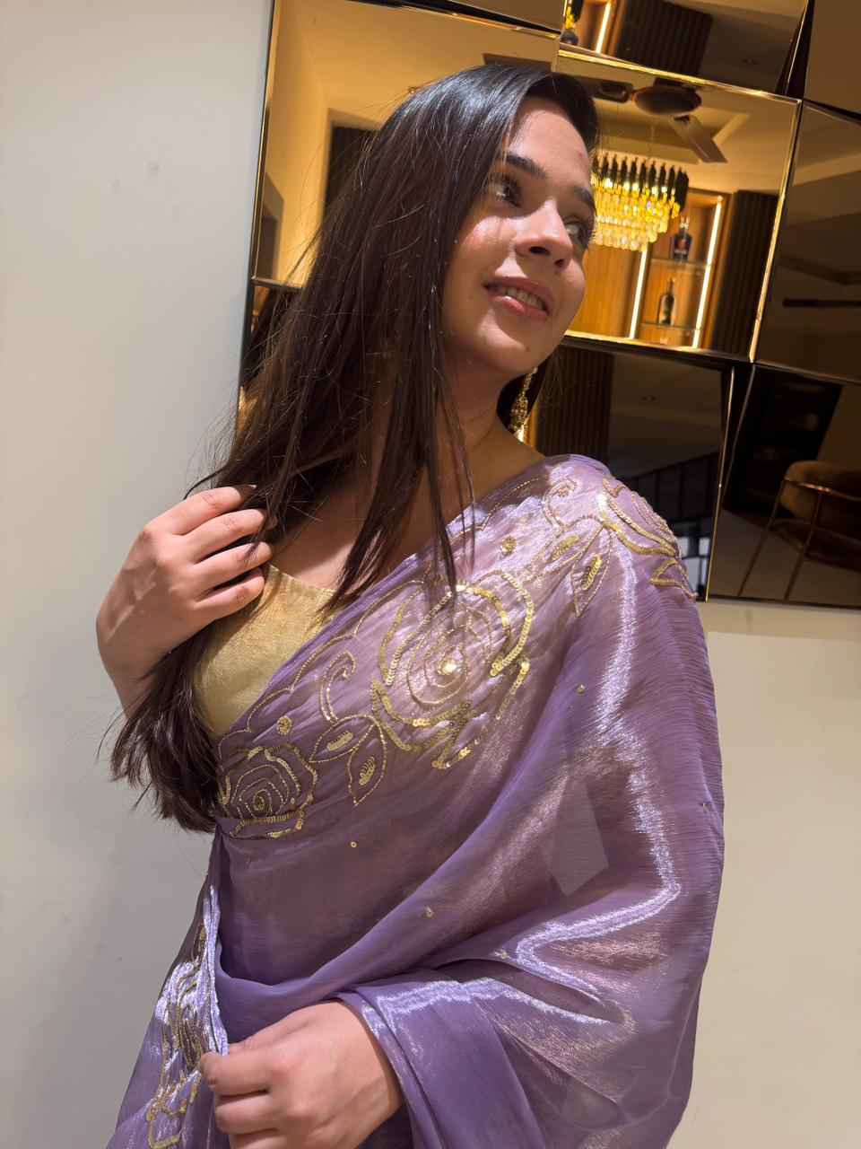 lavender silver organza saree - Image 4